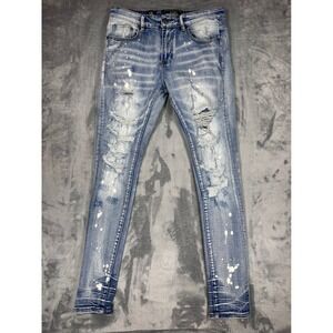 Damati Jeans Mens 32 Light Wash Distressed Paint Splatter‎ Moto Slim Fit Denim